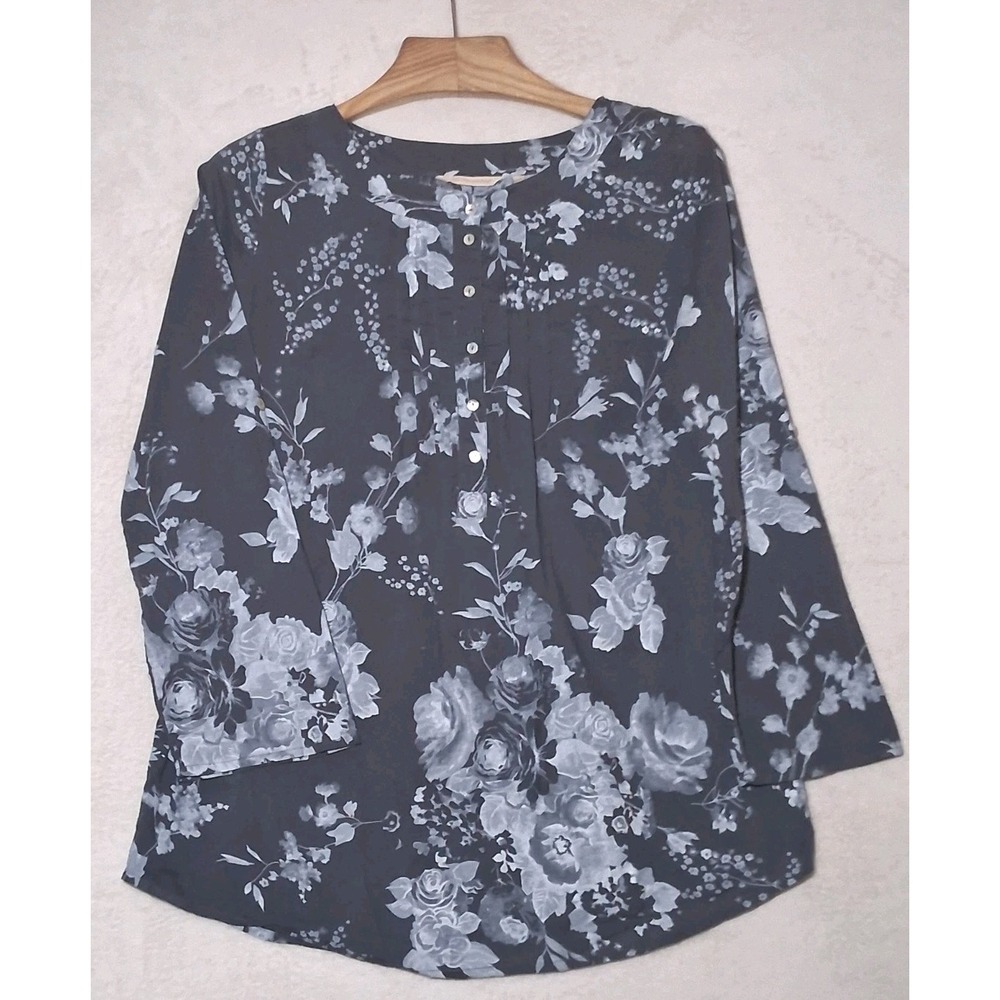 Soft Surroundings Tunic Top Womens M Dark Harbor Floral Roll Tab Blouse Cotton